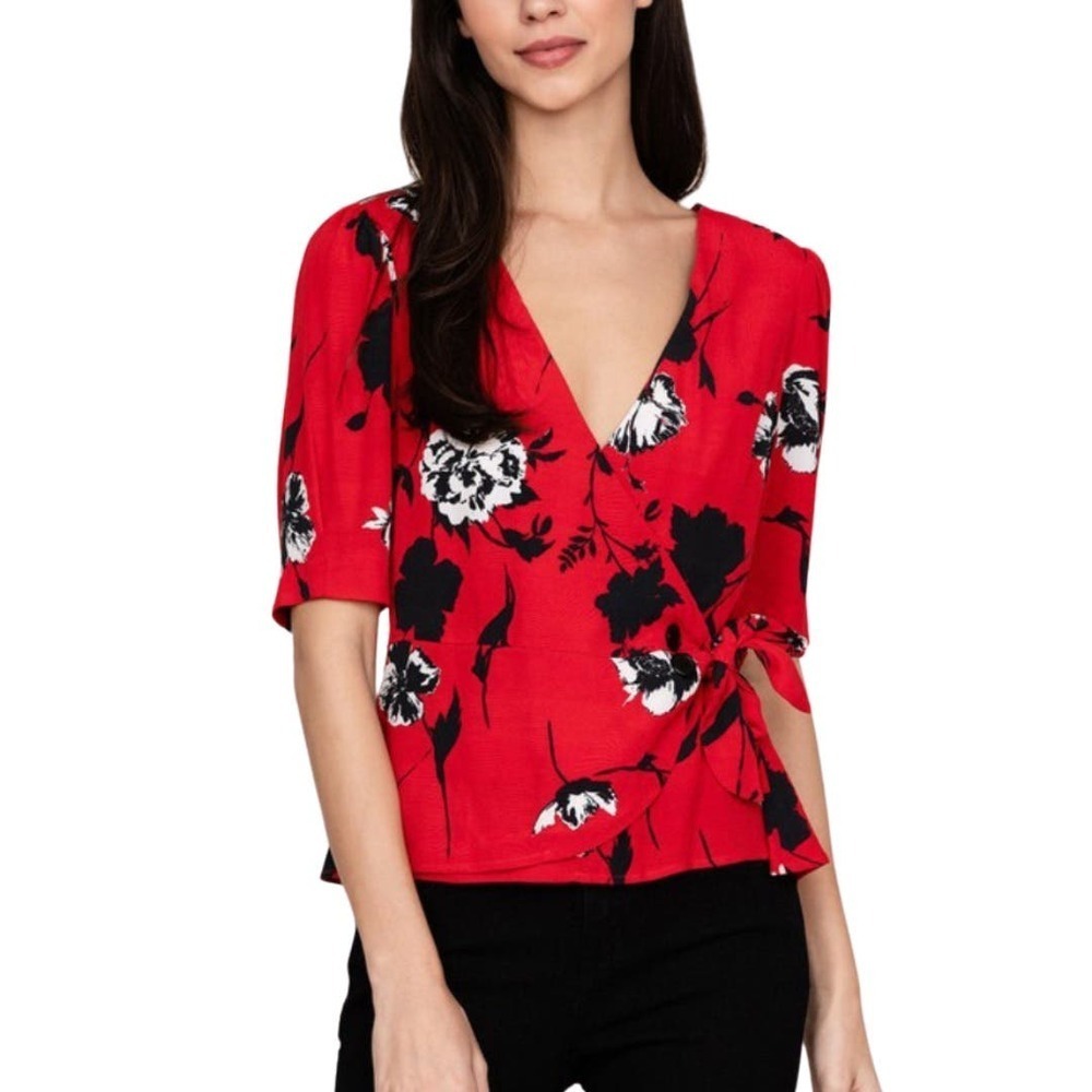 Floral Print V-Neck Short Sleeve Tie Wrap Front  Blouse Top Red Black White - S